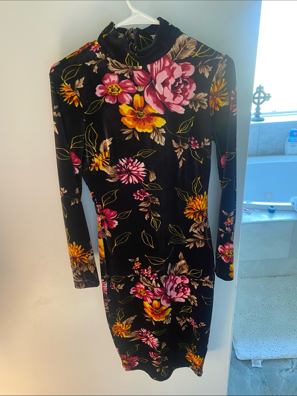 VENUS Black Floral high neck  Long Sleeve Bodycon Dress - Pink & Yellow Flowers
